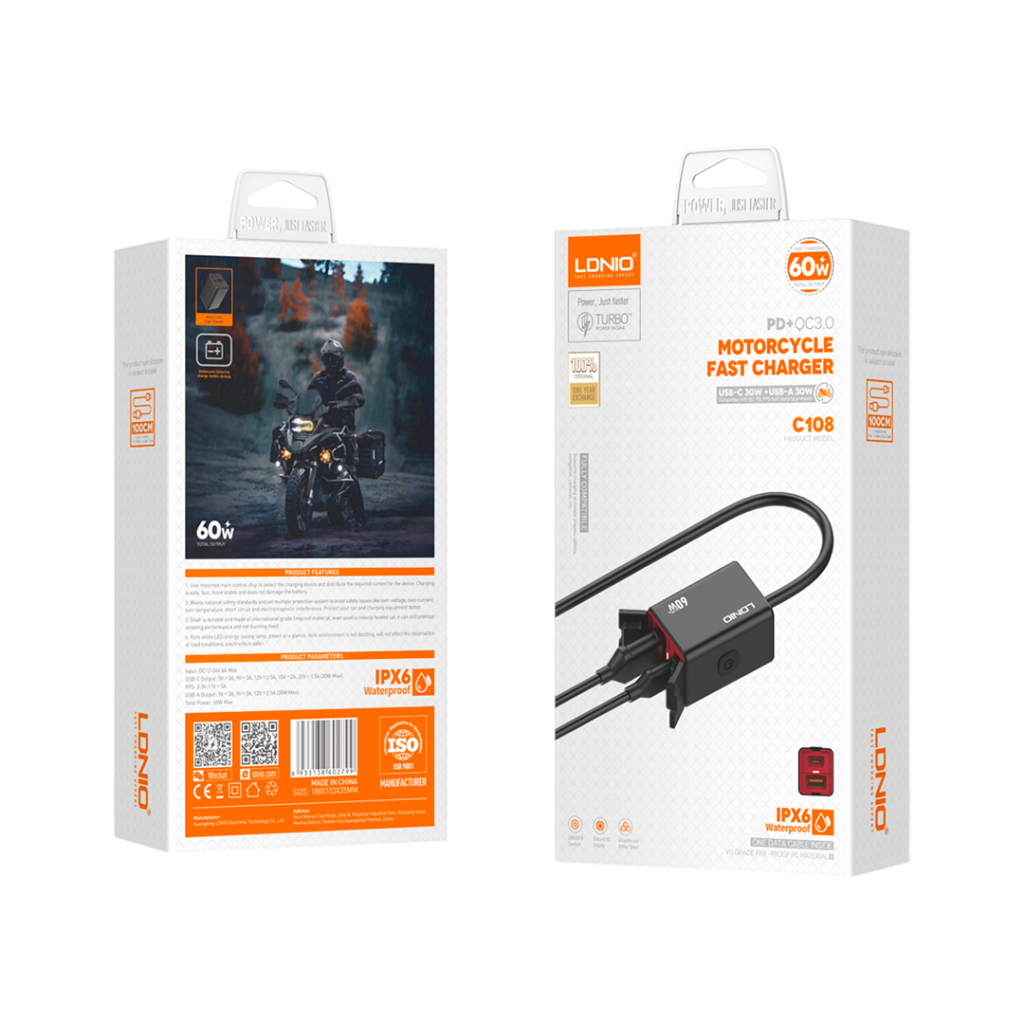 CARGADOR de MOTO LDNIO  C108 60W 2P USB+PD
